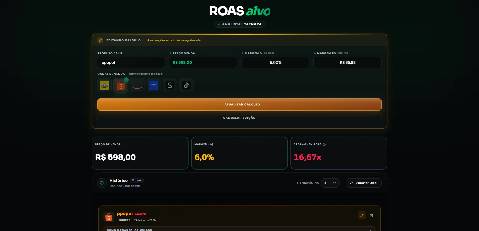 ROAS e Histórico P4 Calculator